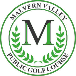 Malvern Valley Public Golf Course logo: A green double-ring badge lettered MALVERN VALLEY in black capitals around the top and PUBLIC GOLF COURSE around the bottom, enclosing a large serif letter M with green stems and dark grey diagonals, flanked by two curved green laurel branches.