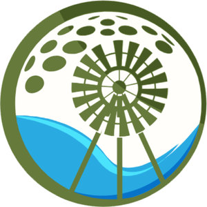 Howlong Golf Course logo: A thick olive green ring enclosing a many-bladed windmill on a tall three-legged stand, set above stylised blue water waves, with the upper half of the disc filled by scattered olive green dimples that read as the surface of a golf ball.