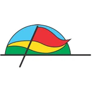 Hurstville Golf Course logo: A dome outlined in dark charcoal enclosing a light blue sky, a wavy yellow band and a green hill, with a red pennant flag flying to the right from a dark charcoal pole that leans across the dome and continues below a long horizontal ground line.