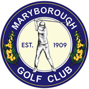 Maryborough Golf & Bowls Club logo: A navy circular badge ringed in gold with MARYBOROUGH arced in white capitals above and GOLF CLUB below, enclosing a cream disc in which a line-drawn golfer completes his swing between the words EST. and 1909, flanked left and right by sprigs of yellow wattle blossom with dark green leaves.