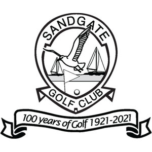 Sandgate Golf Club logo: A black line-drawn oval badge showing a gull in flight with long outstretched wings above two sailing boats on grey water, with a white pennant flag on a pin and a golf ball below them, encircled by SANDGATE in capitals above and a notched banner reading GOLF CLUB below, over a scrolled ribbon lettered 100 years of Golf 1921-2021 in italic script.