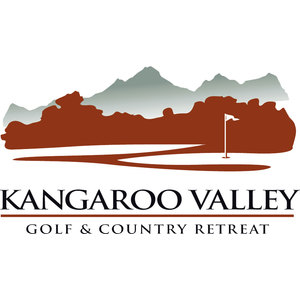 Kangaroo Valley Golf & Country Resort logo: A rust red silhouette of a rugged escarpment with grey green mountains fading in behind it and a white pennant flag on a pin planted in front, a small rust circle at its base for the hole, above KANGAROO VALLEY in black serif capitals and, under a thin rust rule, GOLF & COUNTRY RETREAT in smaller spaced black capitals.