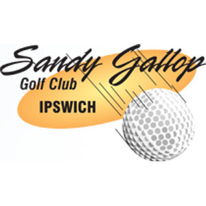 Sandy Gallop Golf Course logo: A black brush-script wordmark reading Sandy Gallop above Golf Club in bold slanted lettering and IPSWICH in bold black capitals, all set over an orange oval, with a large grey and white dimpled golf ball at the lower right trailing thin black speed lines behind it.