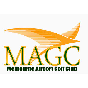 Melbourne Airport Golf Club logo: An orange swept wing drawn with fine trailing hatch lines arcing above MAGC in tall gold serif capitals outlined in dark green, over Melbourne Airport Golf Club in bold dark green lettering.