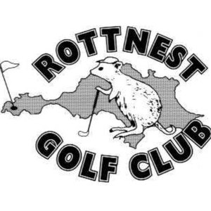 Rottnest Island Golf Course logo: A white quokka in a small cap grips a golf club and stands in front of a gray silhouette map of Rottnest Island, with a white flag in a hole at the far left, beneath an arch of black outlined block capitals reading ROTTNEST and above a matching arch reading GOLF CLUB.