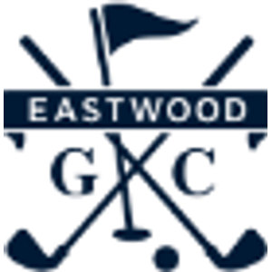 Eastwood Golf Club logo: A navy pennant flag on a pole rises between two crossed golf clubs above a navy band lettered EASTWOOD in white capitals, with a large navy serif G and C either side of the flagstick beneath and a small navy ball at its base.