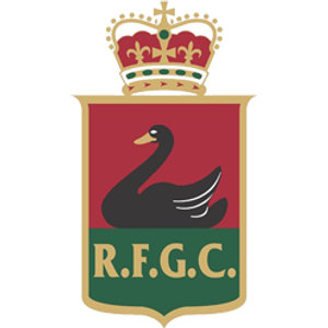 Royal Fremantle Golf Course logo: A gold-edged shield with a red upper field carrying a black swan swimming to the left with a red beak and a white wing flash, above a green base band lettered R.F.G.C. in gold, all beneath a red and gold royal crown set with green jewels.
