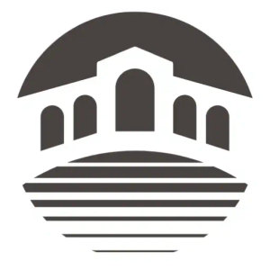 Links Hope Island logo: A dark charcoal-brown disc with a white gabled bridge pavilion cut out of it, leaving five dark arched openings, one tall central arch flanked by two smaller arches on each side, above a stack of five tapering horizontal bars suggesting water.