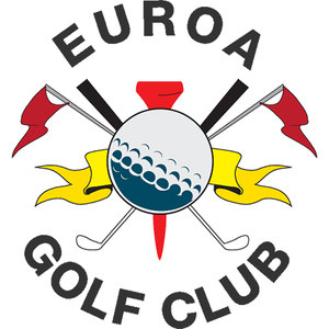 Euroa Golf Course logo: A white golf ball with rows of teal-blue dimples across its lower half sits on a red tee in front of two crossed golf clubs with black grips and silver iron heads and two crossed red pennant flags, over a yellow ribbon banner, with EUROA arched above and GOLF CLUB arched below in dark charcoal capitals.