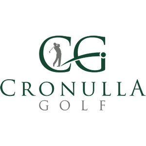 Cronulla Golf Course logo: A dark green serif C and G stand side by side as a monogram, with a gray golfer at the finish of his swing inside the C and a green arc sweeping right to a green golf ball inside the G, above CRONULLA in dark green serif capitals and GOLF in letterspaced gray capitals.