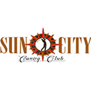 Sun City Country Club logo: A spiked sun disc of red, brown and black rays encircles a white oval holding a dark golfer at the top of his backswing, set between SUN and CITY in dark brown block capitals, above Country Club in dark brown script.