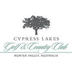 Cypress Lakes Golf & Country Club logo: A dark gray broad-canopied tree stands above CYPRESS LAKES in gray letterspaced capitals, with Golf & Country Club in green script across a thin green rule and HUNTER VALLEY, AUSTRALIA in small gray capitals beneath.