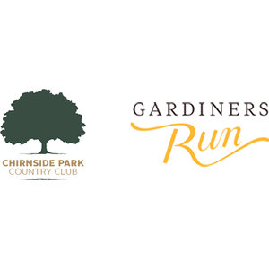 Gardiners Run Golf Course logo: A dark green broad-canopied oak stands above CHIRNSIDE PARK in orange capitals and COUNTRY CLUB in gray, beside GARDINERS in dark charcoal serif capitals over Run in flowing gold script.