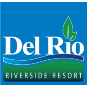 Del Rio Golf Course logo: A blue square panel carries Del Rio in white serif lettering with a green leaf rising above it, over a navy and pale blue wave and a green base band lettered RIVERSIDE RESORT in white capitals.