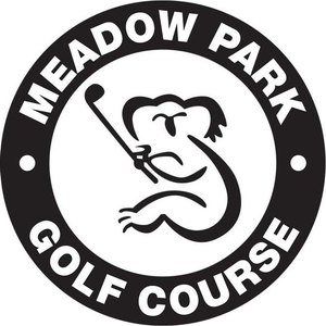Meadow Park Golf Course logo: A black circular badge lettered MEADOW PARK above and GOLF COURSE below in white capitals, with a white dot at each side, encloses a black brush-drawn koala with large tufted round ears and a broad nose, both hands gripping a golf club raised behind it.