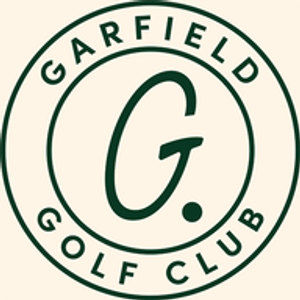 Garfield Golf Club logo: A dark green double-ringed circular badge on a cream square, lettered GARFIELD arched above and GOLF CLUB arched below in green capitals, encloses a large flowing green script capital G followed by a solid green dot.
