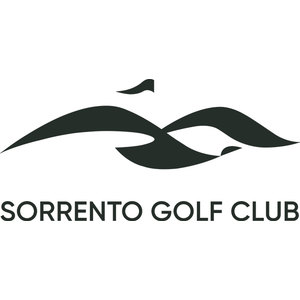 Sorrento Golf Club logo: Two dark green seagulls with long swept wings crossing to form a low wave shape, a smaller gull flying above them, above SORRENTO GOLF CLUB in dark green capitals.