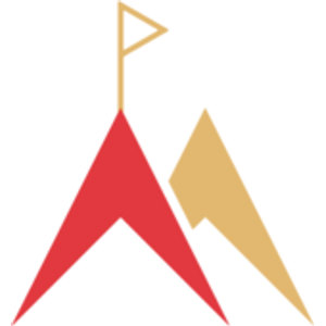 Pennant Hills Golf Course logo: A red chevron peak overlapping a tan chevron peak like two hills, with a tan outlined pennant flag flying from a tall tan pole that rises from behind the red peak.