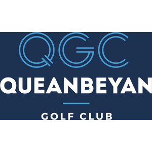 Queanbeyan Golf Club logo: A light blue outlined QGC monogram across the top of a navy rectangle, above QUEANBEYAN in bold white capitals and GOLF CLUB in smaller white capitals below a short light blue rule.