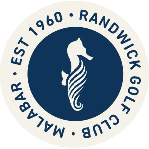 Randwick Golf Course logo: A cream seahorse in profile facing right with a curled tail and a finely striped body on a navy disc, encircled by a cream ring lettered RANDWICK GOLF CLUB, MALABAR and EST 1960 in navy capitals separated by dots.