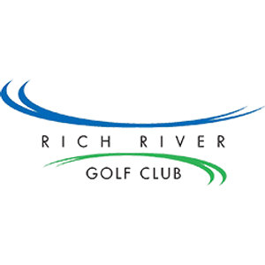 Rich River Golf Club logo: Two blue swooshes arcing above RICH RIVER in black letterspaced capitals, with a green swoosh arcing below it over GOLF CLUB in smaller black capitals.
