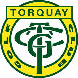 Torquay Golf Club logo: A yellow ring outlined in green and lettered GOLF down the left and CLUB down the right, around a white centre holding an interlocking green T, G and C monogram whose long T stem runs down to a footed base, beneath a yellow banner lettered TORQUAY in green capitals.
