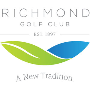 Richmond Golf Club logo: RICHMOND in grey letterspaced capitals above GOLF CLUB, with EST. 1897 between two thin rules, over a long lime-green leaf and a smaller blue leaf overlapping into a wing shape, and A New Tradition. in grey lettering beneath.