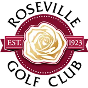 Roseville Golf Course logo: ROSEVILLE arcing in black capitals over a dark maroon disc rimmed with white dots holding a cream and gold rose blossom, crossed by a maroon ribbon banner lettered EST. and 1923 in white, with GOLF CLUB arcing below in black capitals.