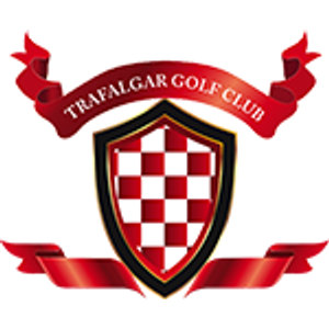 Trafalgar Golf Club logo: A shield chequered in red and white with a black and gold border, beneath a red ribbon banner curving over the top lettered TRAFALGAR GOLF CLUB in white, with a second empty red ribbon banner across the base.