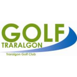 Traralgon Golf Course logo: GOLF in large olive-green capitals above TRARALGON in smaller olive-green capitals, over a blue swoosh sweeping up to the right, with Traralgon Golf Club in small green lettering underneath.