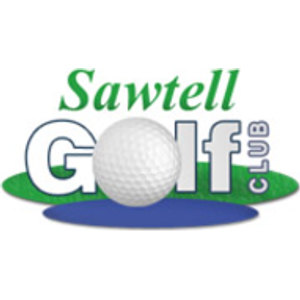 Sawtell Golf Course logo: Sawtell in green italic script above GOLF in white letters outlined in navy with a white golf ball forming the O, CLUB set vertically in white navy-outlined letters at the right, all on a green ellipse with a blue oval shadow below.
