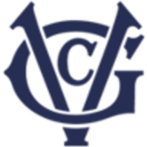 Victoria Golf Club logo: A navy interlocking monogram of a pointed V and a G with arrow-like serifed tips enclosing a smaller C, resting on a small footed base.
