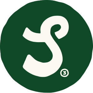 Shortees Golf logo: A cream cursive letter S with a small cream ring enclosing the numeral 3 at its lower right, centred on a solid dark green circle.