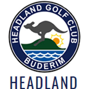 Headland Golf Club logo: A navy blue ring lettered HEADLAND GOLF CLUB above and BUDERIM below in white capitals, enclosing a gray kangaroo bounding to the right over a dark green hill with an orange sun and yellow rays rising behind it and blue and white waves beneath, with HEADLAND in navy capitals below the ring.
