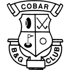 Cobar Bowling & Golf Club logo: A black and white line-drawn shield quartered into a tilted lawn bowl, two crossed golf clubs, a flag on a stick beside a ball on a green, and a plain circle, beneath an arched ribbon banner lettered COBAR with a club head at each end, with a lower curved banner lettered B&G and CLUB wrapping the base.