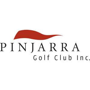 Pinjarra Golf Club logo: A dark red wave curving to the right above the word PINJARRA in widely letterspaced black serif capitals, with Golf Club Inc. in smaller letterspaced black sans-serif letters beneath.