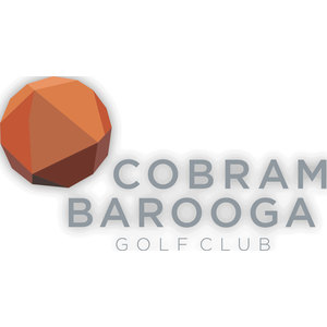 Cobram-Barooga Golf Club logo: A faceted sphere shaded in orange, rust and dark brown to the left of COBRAM BAROOGA in light gray capitals, with GOLF CLUB in smaller letterspaced gray capitals underneath.