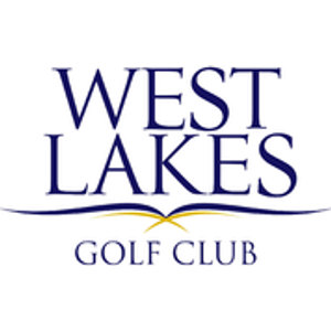 West Lakes Golf Club logo: WEST above LAKES in tall navy serif capitals, over a long navy swash curve with a small gold flourish at its centre, and GOLF CLUB in navy serif capitals beneath.