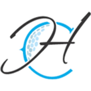 Coffs Harbour Golf Club logo: A large black script capital H overlapping a pale blue golf ball with dimples, set inside a broken bright blue ring.