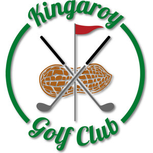 Kingaroy Golf Club logo: A broken green ring with Kingaroy in green script arched above and Golf Club in green script below, enclosing two tan-brown peanut pods behind two crossed golf clubs with black shafts and gray heads, and a red pennant flying from a tall gray flagstick up the centre.