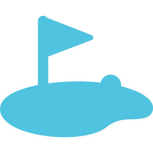 East Geelong Golf Course logo: A solid light blue shape of a putting green with a golf ball resting on its right edge and a flag flying from a flagstick planted in the middle.