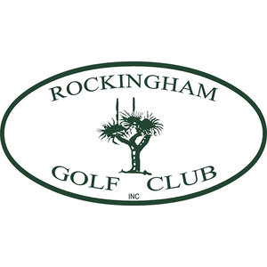 Rockingham Golf Club logo: A dark green oval outline with ROCKINGHAM arched in green serif capitals above and GOLF CLUB below, enclosing a green grass tree with spiky fronds and two tall flower spikes, with INC in tiny letters beneath.