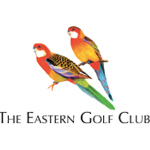 Eastern Golf Club logo: Two Eastern Rosella parrots with red heads, white cheek patches, yellow and orange breasts, black and gold scalloped backs and long green and blue tails, one perched on a short branch above and to the right of the other, above THE EASTERN GOLF CLUB in black serif capitals.