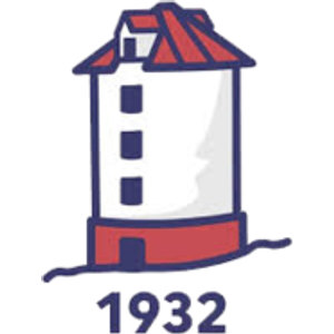 Warburton Golf Club logo: A round white tower with a red tiled conical roof outlined in navy and a small dormer box on its left slope, three navy slot windows in a vertical row down its white wall, and a red band at its base pierced by a small navy doorway, standing on a wavy navy groundline above the year 1932 in bold navy figures.