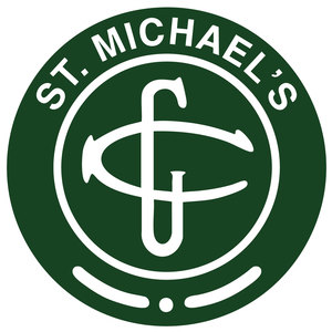 St Michael's Golf Club logo: A dark green disc with a thin white inner ring enclosing four white golf clubs crossed at the centre in a pinwheel, their hooked and flared heads pointing up, down, left and upper right, with ST. MICHAEL'S arched across the top in white capitals and two curved white dashes flanking a small white golf ball at the bottom.