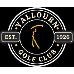 Yallourn Golf Club logo: A solid black square holding a circular badge of double cream rings with four small gold dots between them, enclosing a gold brush-drawn golfer at the finish of a swing, YALLOURN arched across the top and GOLF CLUB across the bottom in cream capitals, with small dark tabs reading EST. on the left and 1926 on the right.