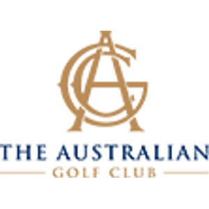 The Australian Golf Club logo: A gold interlocking monogram of a capital A over a circular capital G drawn in fine line, above THE AUSTRALIAN in navy serif capitals and GOLF CLUB in smaller gold capitals set between two thin gold rules.
