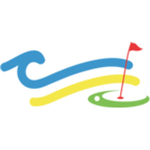 The Coast Golf Club logo: A curling blue ocean wave running into a yellow sand band, with a green putting-green outline below holding a small white golf ball at its left and a red flag flying from a thin red flagstick at its centre.