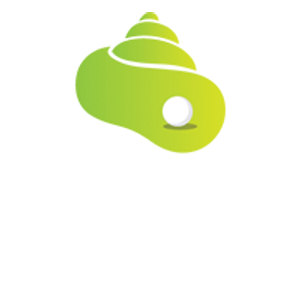 The Links Shell Cove logo: A spiral seashell lying on its side, shaded from lime green at the spire to deeper green at the body, with a white golf ball resting in its open mouth.