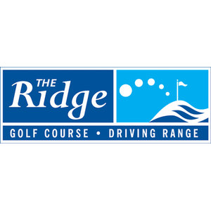 The Ridge Golf Course & Driving Range logo: A navy panel lettered THE in small white capitals above Ridge in a white italic serif, joined to a cyan panel showing five white golf balls in a descending arc and a white flag on a flagstick planted on a white hill above curling navy waves, all above a navy bar reading GOLF COURSE and DRIVING RANGE in white capitals.